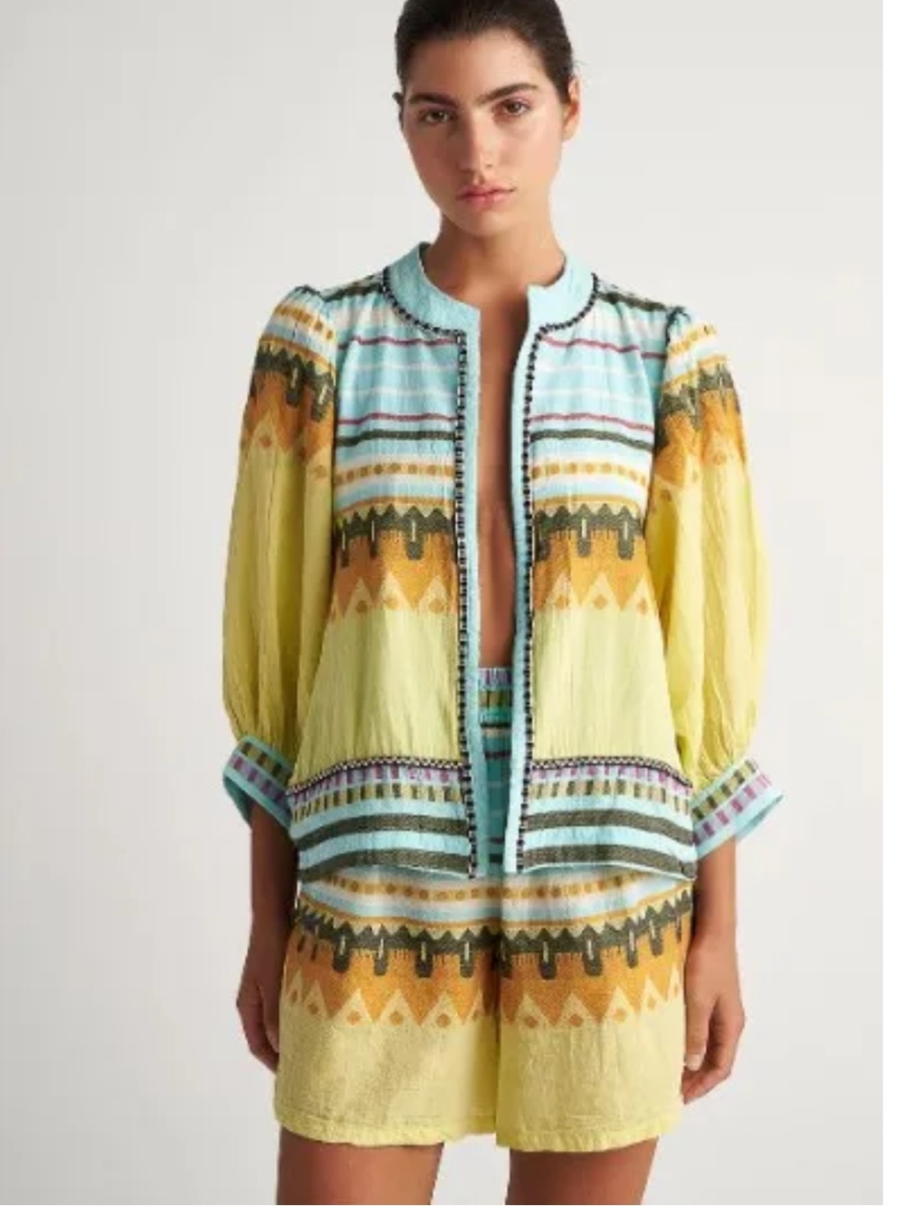 Pearl And Caviar ZAKAR  AQUA AND LEMON PRINT Shrug Jacket XS/S